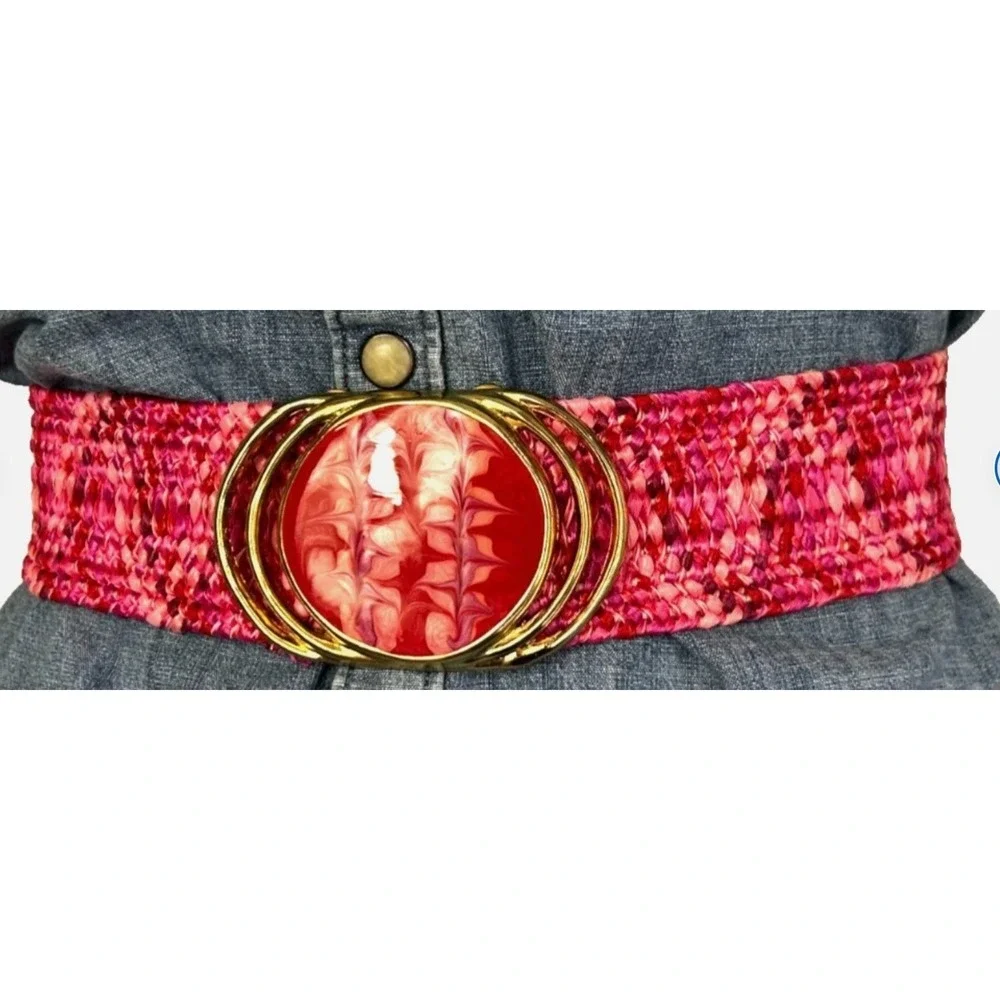 Vintage 80s Pink Woven Cinch Belt S Gold Overlap Circle Swirl Resin Buckle EUC